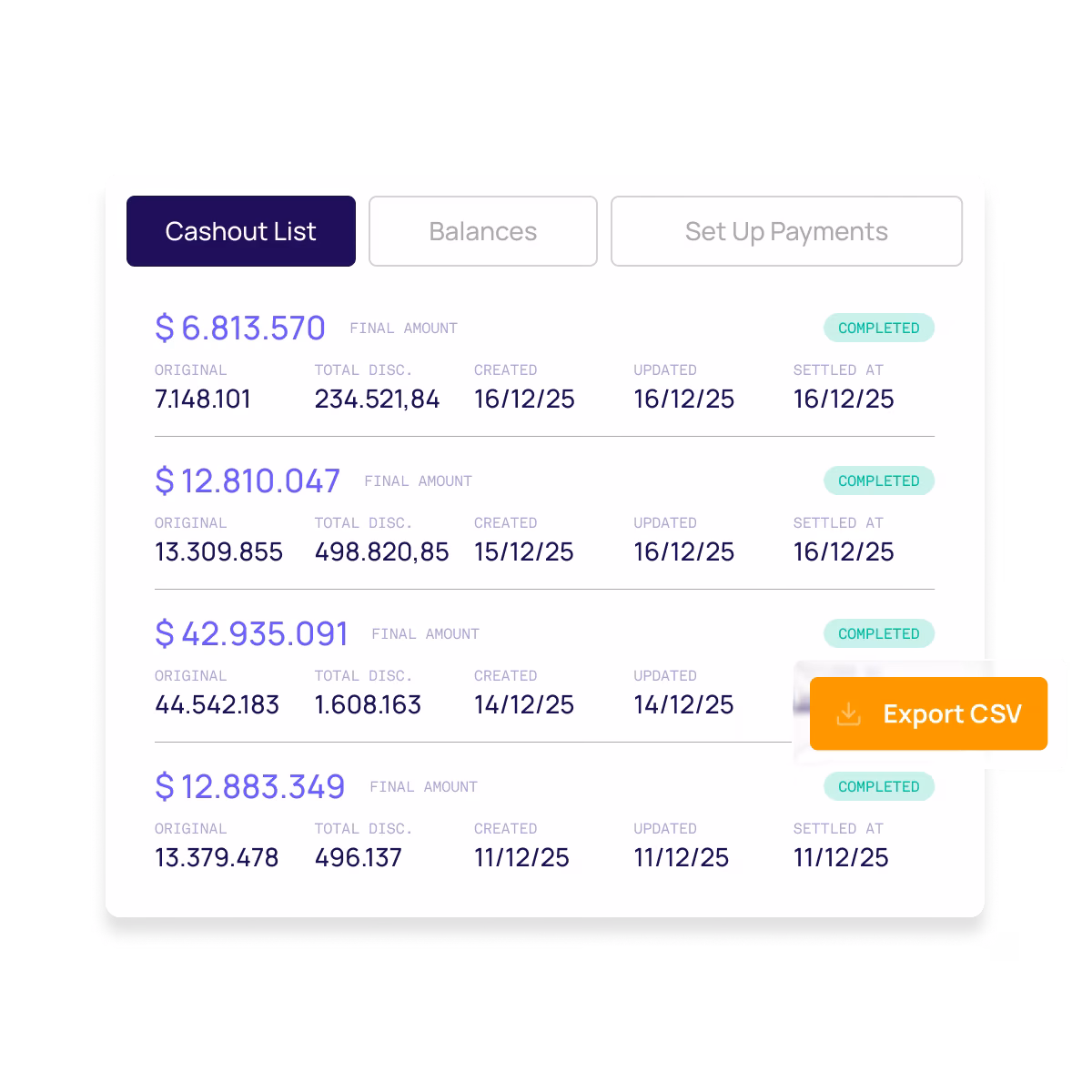 Clearing engine dashboard showing cashout list and settlement data
